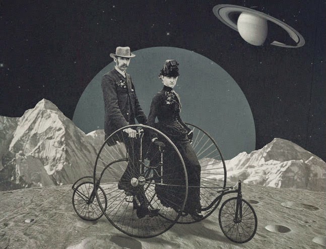 Penny-farthing bicycle on a distant moon CROP